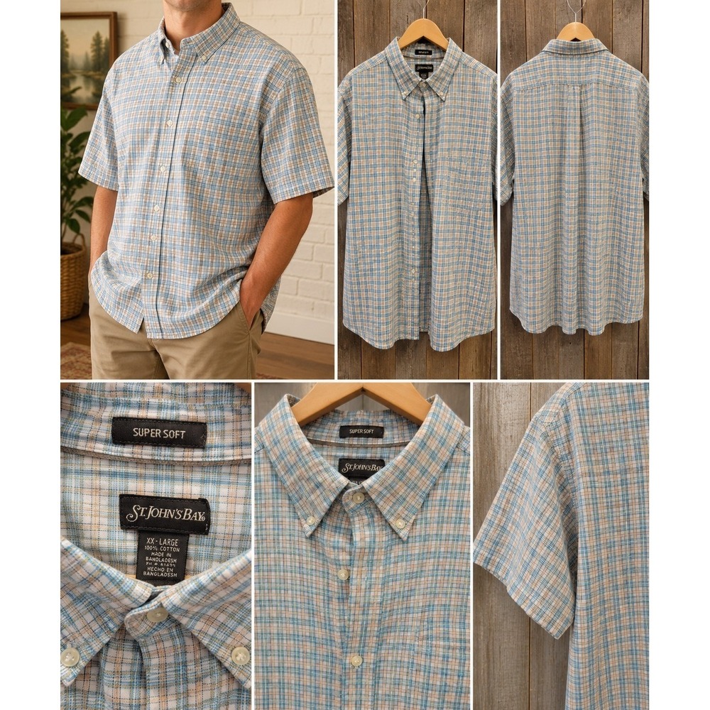 St. John's Bay Super Soft Men's XXL Short Sleeve Button Front Plaid Shirt...